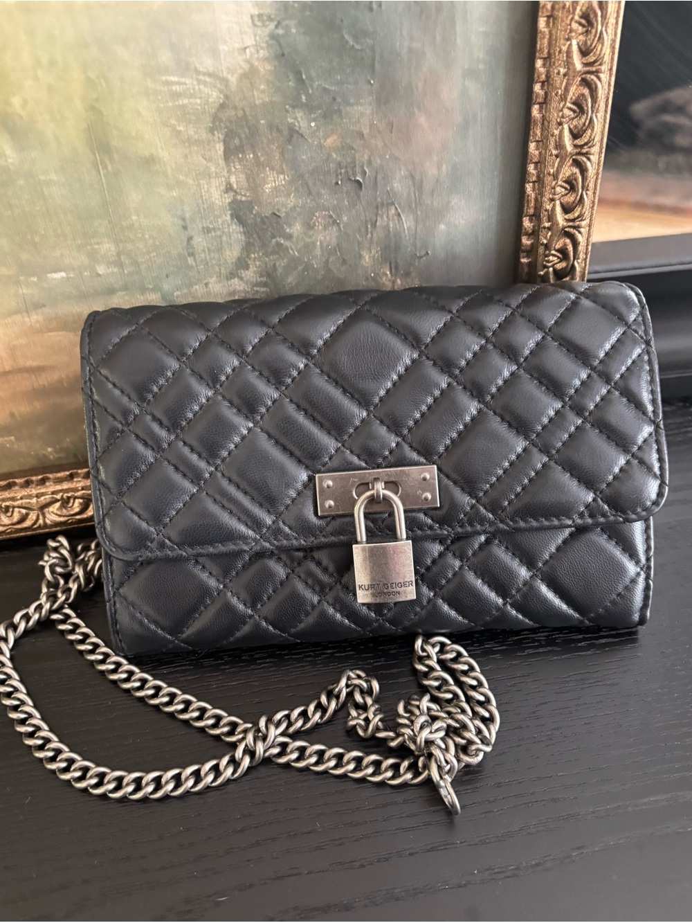 Kurt Geiger Black Quilted Leather Crossbody with Padlock Chain